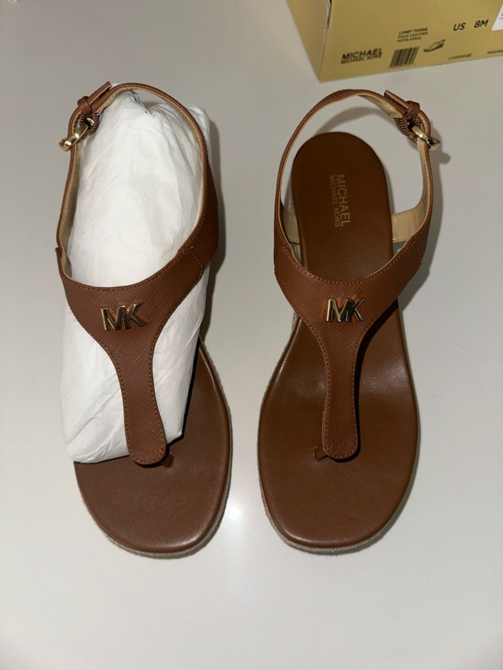 Michael Kors “Laney” brown vegan leather jute thong MK logo wedge sandals 8 - Picture 4 of 8